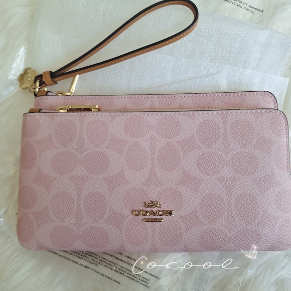 NWT Coach Double Zip Wristlet In Signature Canvas With Floral Charms Powder Pink - Picture 2 of 11